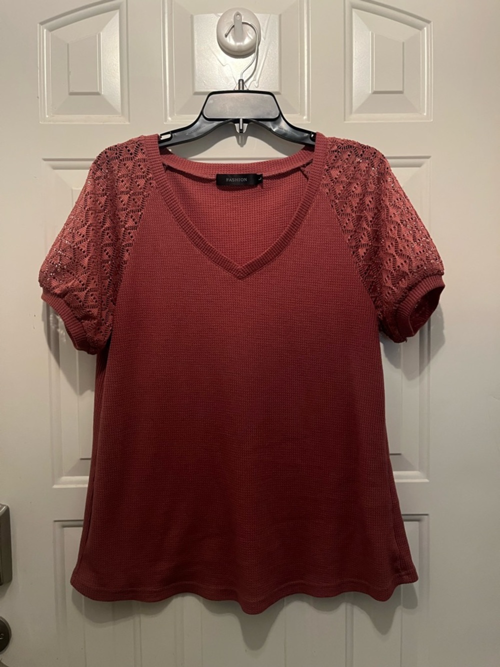 Fashion V-Neck Knit Top with Lace Short Sleeves - Rose